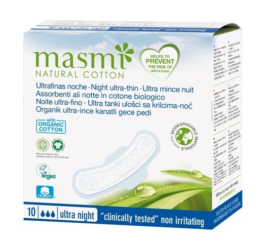 MASMI Natural Cotton -  Ultradünne Bio Binden mit Flügeln - Nacht 10Stk. Verpackung beschädigt